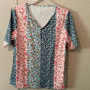 Pink and Blue Floral Blouse V-Neck Short Sleeve